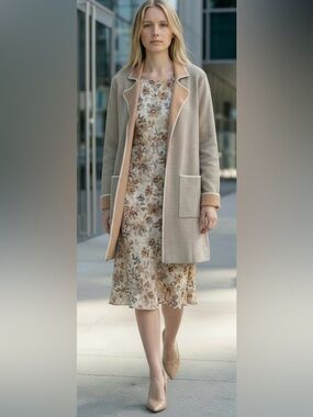 Hem & Thread Camel and Beige Open-Front Coatigan with White Trim